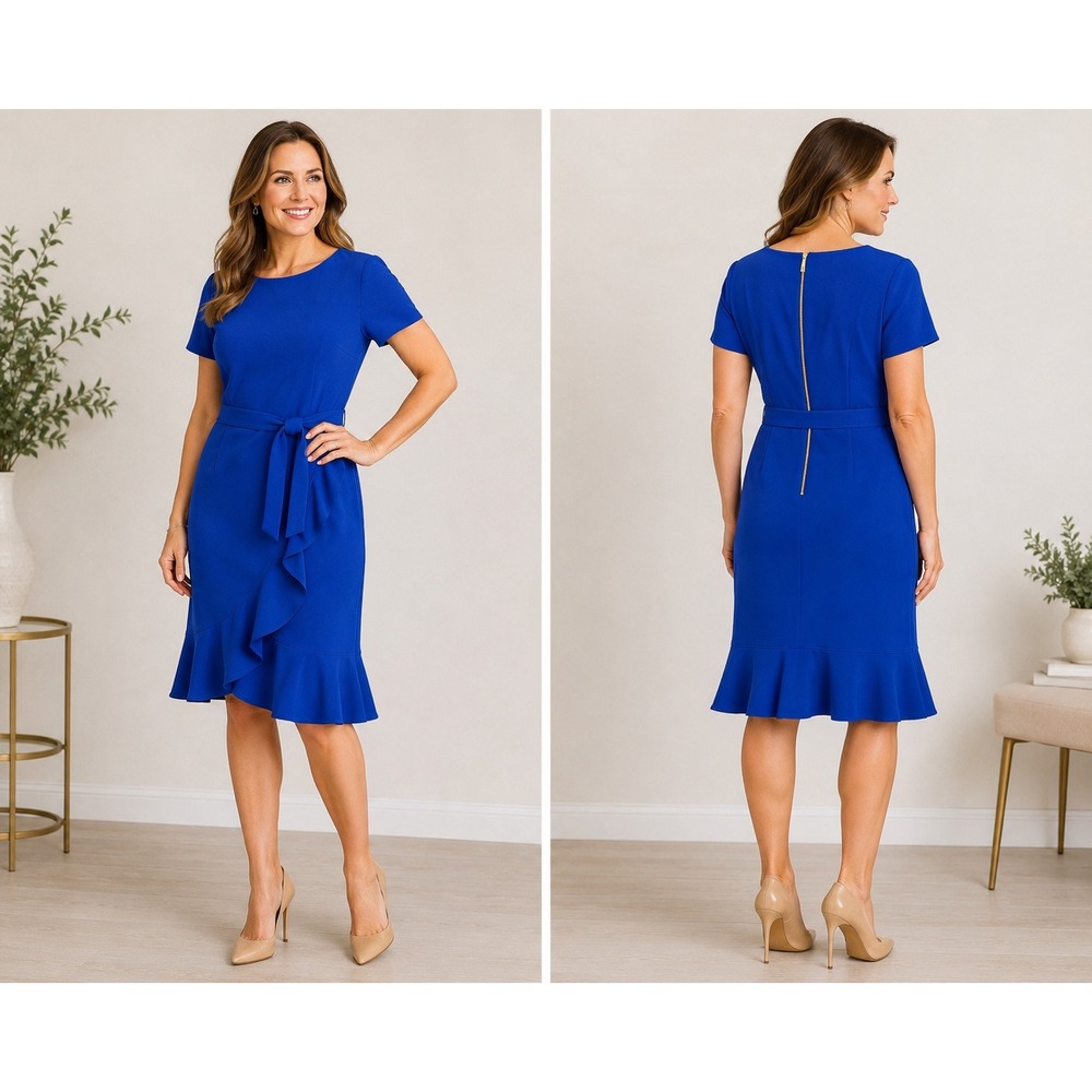 Calvin Klein Royal Blue Ruffle Hem Belted Sheath Dress Size 14 CD3C12U7